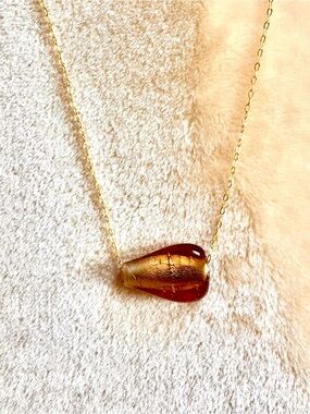 Unique Amber TearDrop Glass Pendant Necklace with Gold Chain